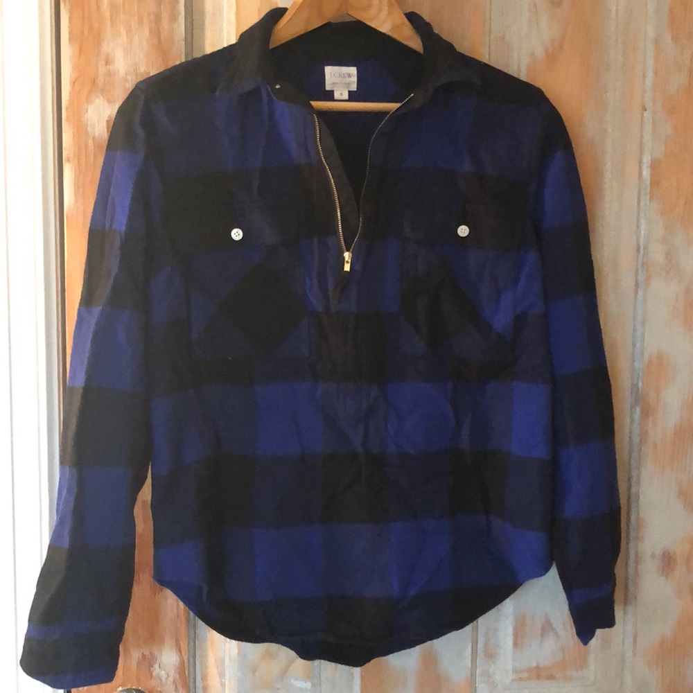 J. Crew Blue and Black Small Quarter Zip Flannel